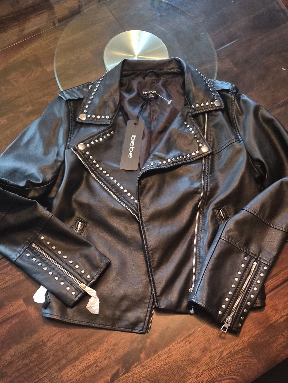 bebe Black Studded Faux Leather Moto Jacket with Zipper Details